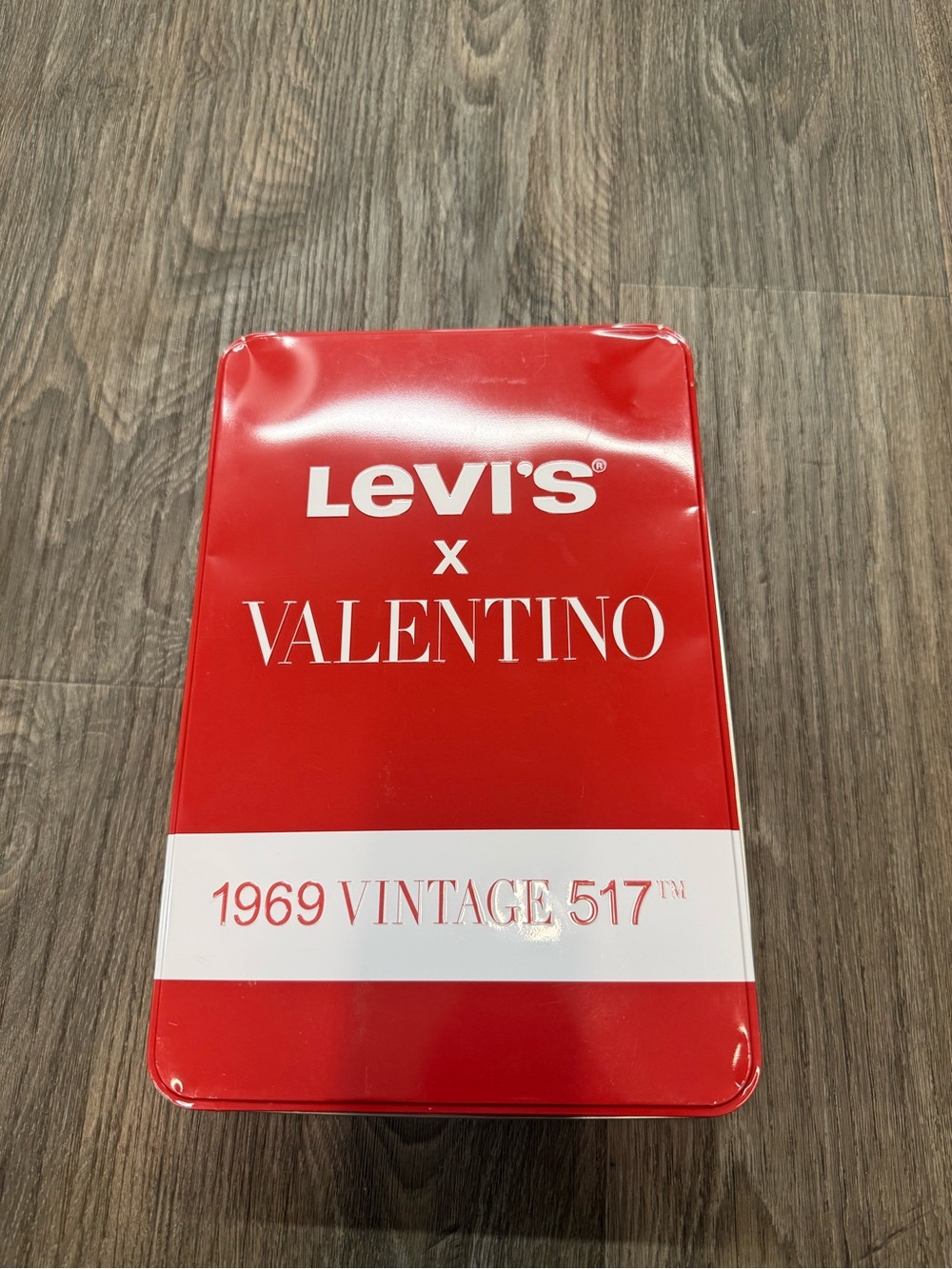 Valentino Red Metal Storage Tin with White Stripe